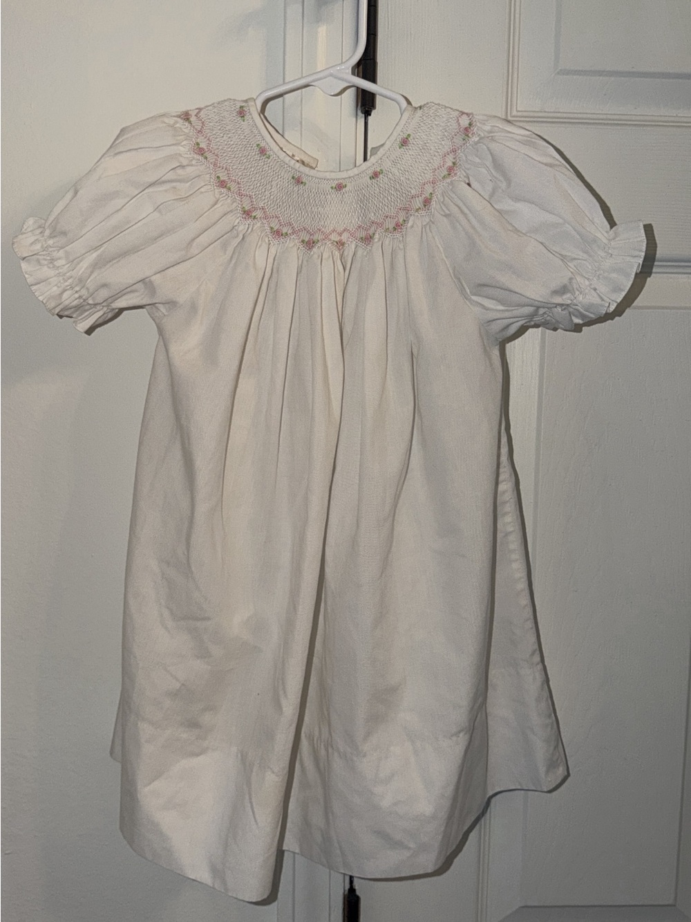Girls' White Smocked Dress with Pink Embroidery